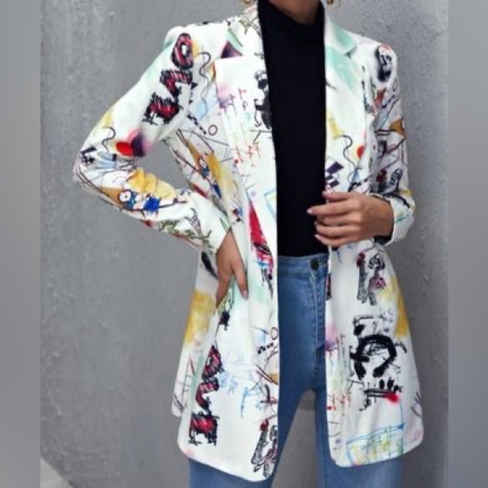 Women’s Abstract Graffiti Art Print Blazer Jacket —Boho Style Statement Piece